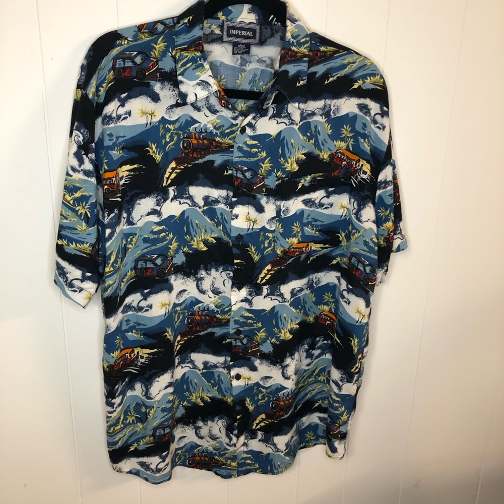 Imperial Vintage Hawaiian Train & Car Print Shirt Large 16-16.5